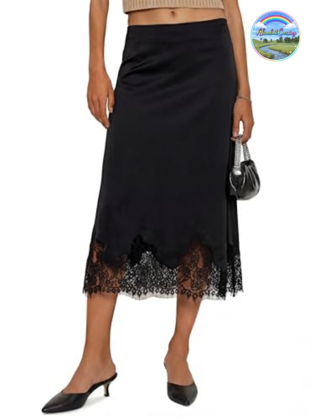 Silk Satin Midi Skirt Lace Hem High Waist A-Line Elegant Party Work